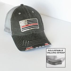 Thin Red Line Trucker Hat Swarovski Crystal Bling